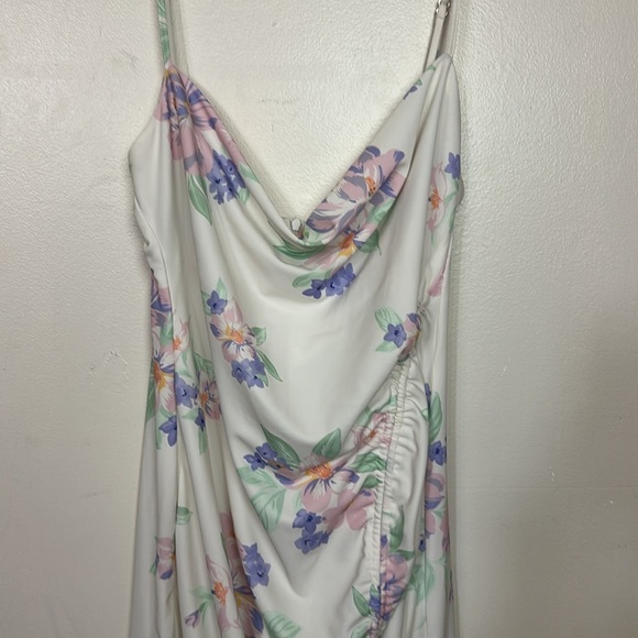 Zara Floral Print Cowl Draped Neck Ruched Adjustable Front Slit Midi Dress - Picture 13 of 16